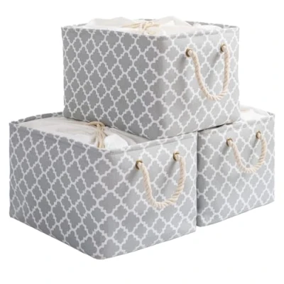 Image of OUTBROS Large Storage Basket, 40 x 30 26cm Foldable Box with Handles and Drawstring for Towels, Clothes (Lantern/Grey, 3 Pack)