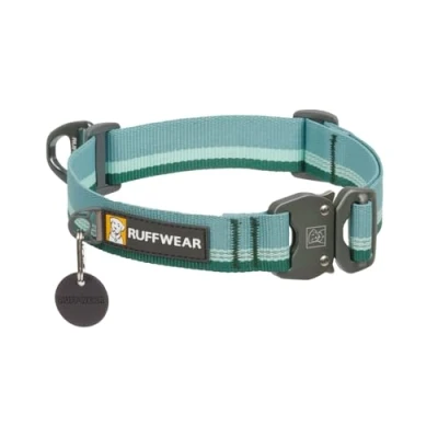 Image of RUFFWEAR Top Rope Small Dog Collar, Reflective Pet Collar with Aluminum V ring Lead Attachment &amp; Metal Buckle, Comfortable Strong Webbing for Walking, Size S (28 30cm), River Rock Green