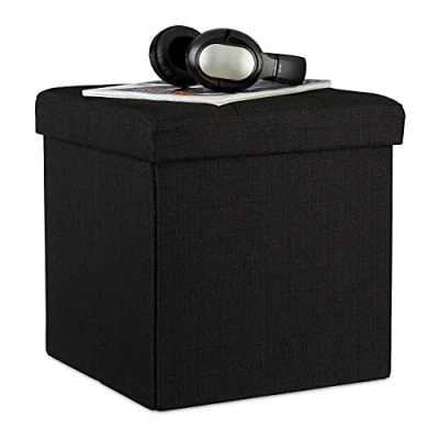 Image of Relaxdays Folding Ottoman 38 x cm Storage Chair, Footstool Pouf Box Cube, Removable Lid, Black