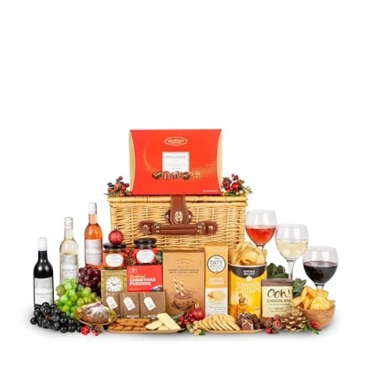 Image of Seasonal Gift Basket Christmas Hamper Family Treat Chocolate Wine Corporate Gifting Staff Gifts