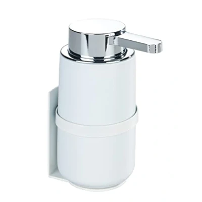 Image of WENKO Woya Wall Mounted Soap Dispenser, Refillable Ceramic Pump Dispenser for up to 250 ml Liquid Soap, Detergent or Disinfectant, Turbo Loc Mounting without Drilling, White, 54655100, 6 x 13 cm