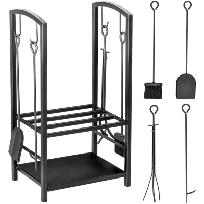 Image of Outsunny Indoor Outdoor Firewood Rack Log Holder Wood Storage with Hooks 4 Tools Black