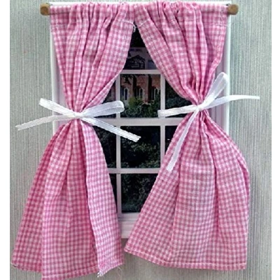 Image of Melody Jane Dolls House Pink Gingham Curtains on Rail Tied Back Miniature 1:12 Accessory