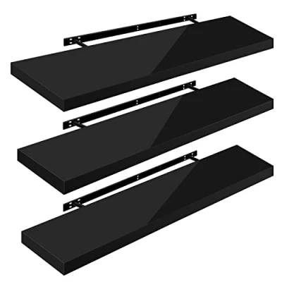 Image of WOLTU High Gloss Floating Shelves,Set of 3 Wall Shelf,CD DVD Storage Corner Shelf, Premium Wooden Shelves for Bedroom LivingRoom kitchen 110x22.9x3.8cm, Black, RG9483sz