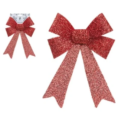 Image of Snow White 22cm TINSEL Christmas BOW in Festive RED Colour