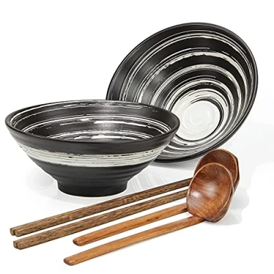 Image of 2 Set Tableware Ramen Bowl Ceramic Porcelain Noodles Bowls Dinner Sets for Pasta Soup Pho Mixing Salad Dishes Snack Cereal Food with Spoons Chopsticks Kit 1000 Ml New Home House Warming Gifts