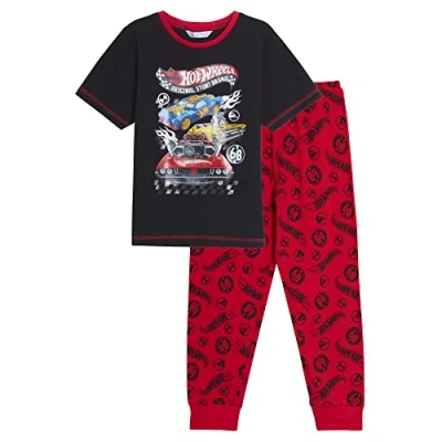 Image of Hot Wheels Boys Pyjamas Kids Racing Cars Full length Pjs Set Short Sleeve tee + Loungepants Black/Red 3 4 Years
