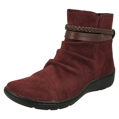 Image of Clarks Ladies Braid Detailed Ankle Boots Cora BraidBoot Burgundy Suede UK Size 5.5E EU 39 US 8W