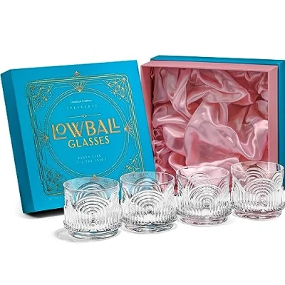 Image of GLASSIQUE CADEAU Vintage Art Deco 1920s Gin Tumbler Cocktail Glasses Set of 4 260 ml Crystal Old Fashioned Glassware for Drinking Classic Bar Drinks Heavy Base Short Rocks Lowballs