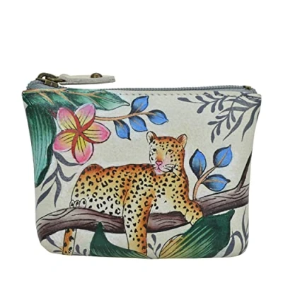 Image of Anuschka Women’s Small Leather Coin Pouch Genuine Soft Leather, Hand Painted Original Art Jungle Queen Ivory