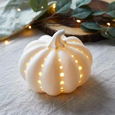 Image of Lights4fun Ceramic Pumpkin Light Up Battery Operated LED Autumn Halloween Indoor Decoration 17cm
