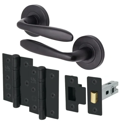 Image of EAI Black Door Handle Latch Set Round Internal Handles, (64mm), Hinges (76mm) Matt Lever on Rose