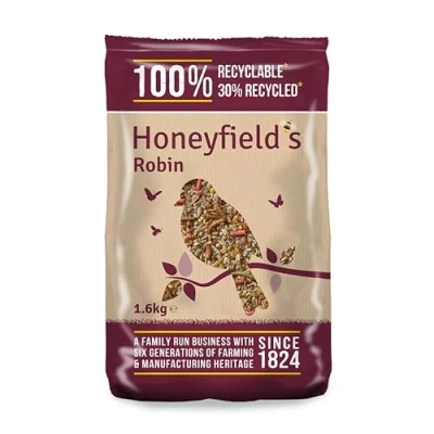 Image of Wild Bird Food for Small Birds Robin Mix, Kibbled Sunflower Hearts and Mealworms, High in Energy Protein, Great Hanging Feeders, Tables, Ground Feeding (1.6kg) Honeyfield’s