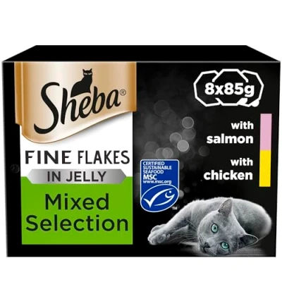 Image of Sheba Fine Flakes Cat Food Tray Collection with Salmon &amp; Chicken in Jelly 8x85g