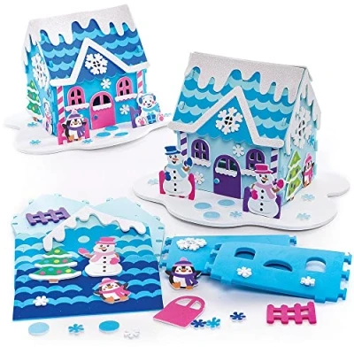 Image of Baker Ross FX292 Snowman House Kits Pack of 2, Christmas Decoration Craft for Kids, Foam Arts and Crafts
