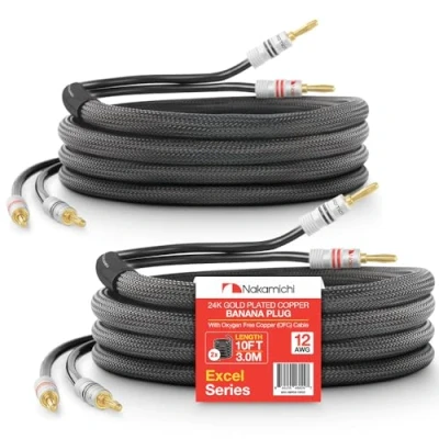 Image of Nakamichi Excel Series 24k Gold Plated Banana Plug with (10 Feet) Speaker Cable Wire 99.9% Oxygen Free Copper (OFC) Heavy Duty Braided In Wall CL2 Rated Black (12AWG / 10ft 3.0m) 2 Pack