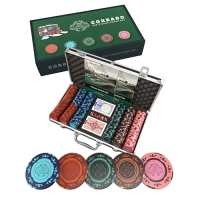 Image of Bullets Playing Cards &#039;Corrado&#039; Poker Set with 300 Clay Chips without values including Ceramic Dealer Button, Double Pack of