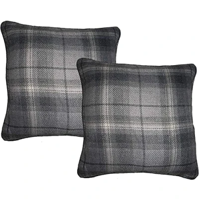 Image of Set of 2 Grey Tartan Classic Check Plaid Brushed Wool Feel Cushion Covers 18 x 18&quot; (45 cm 45 cm)