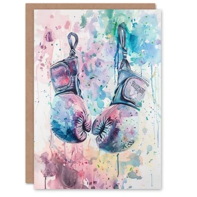 Image of Artery8 Greeting Card Boxing Gloves Pastel Watercolour Splash Painting Blank For All Him Or Her Art Birthday