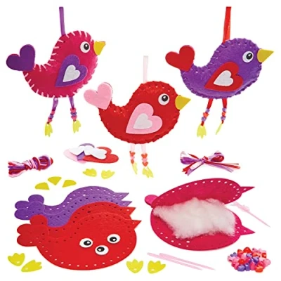 Image of Baker Ross FX418 Bird Love Heart Sewing Kits Pack of 3, Valentine&#039;s Craft for Kids, Purple, pink, red