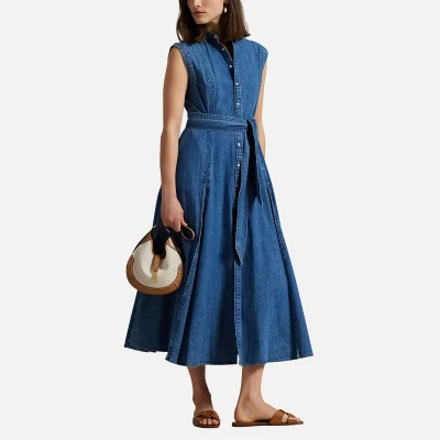 Image of Polo Ralph Lauren Belted Denim Sleeveless Aline Dress dress, Women&#039;s, Size: 10, Indigo