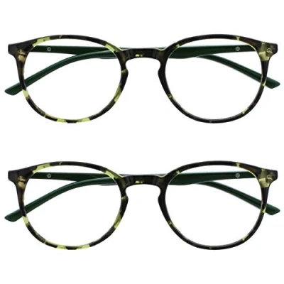 Image of OPULIZE Met Reading Glasses 2 Pack Slim Round Frame Scratch Resistant Spring Hinges Green Tortoiseshelll Solid Arm Mens Womens RR60 6 +3.50