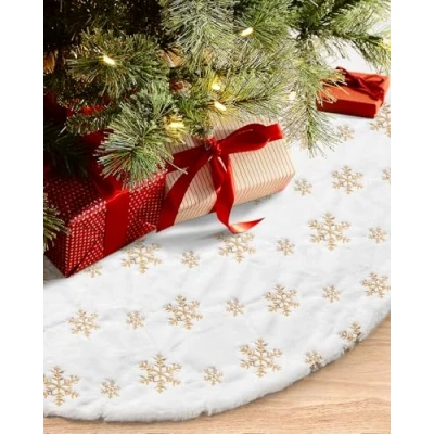 Image of COOLWUFAN 122cm/48 Inches Christmas Tree Skirt for Xmas Holiday Party Decorations White Plush Gold Sequin Snowflake (Gold)