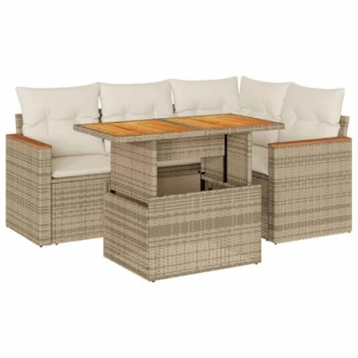 Image of vidaXL 5 Piece Beige Poly Rattan Garden Sofa Set with Cushions Outdoor Patio Furniture Storage, Modular Design &amp; Acacia Detailing, Included, Weather Resistant