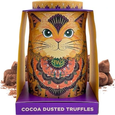 Image of Monty Bojangles Savanna Gold Cocoa Dusted Truffles Cat Tin (135g) Flutter Scotch Flavoured Luxury Chocolatey Collectable Chocolate Gift With Bespoke Design