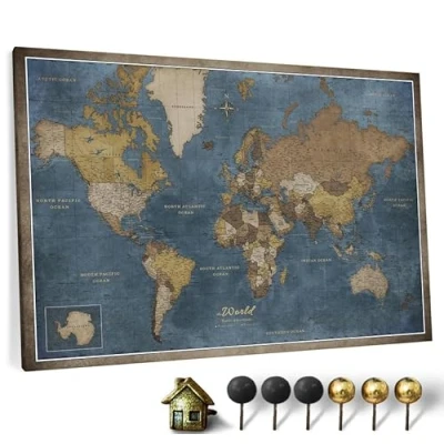 Image of Canvas World Map with Cork Pin Board English Lettering Decorative Wall Decoration for All Rooms Pictures Motif (70x50 cm, Pattern 13)
