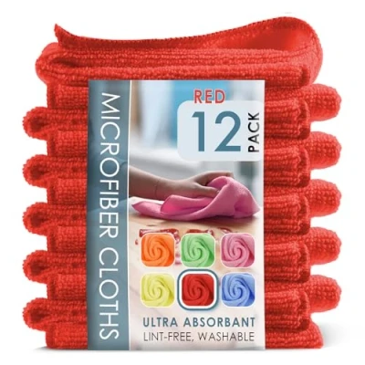 Image of Hearth &amp; Harbor Microfiber Cleaning Cloth, Towels for Cars 12 Pack Washcloths, Red Rags, Reusable Towel, Cloth Rags Cleaning, Lint Free