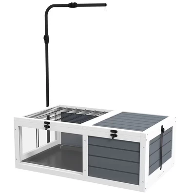 Image of PawHut Tortoise House, Wooden Table, Enclosure with Adjustable Lamp Holder, Openable Lids, Pull Out Trays Grey