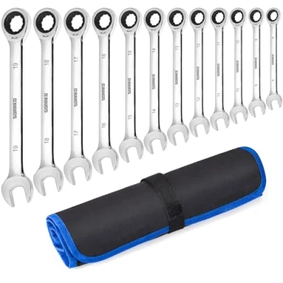 Image of SORAKO Ratchet Spanner Set, 12PC Sets Combination Fixed Head Wrench, 72 Tooth Gear 8 19 mm, Standard Metric Set