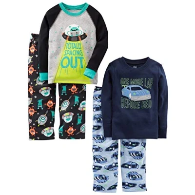 Image of Simple Joys by Carter&#039;s Boys&#039; 4 Piece Pajama Set (Cotton Top &amp; Fleece Bottom), Cars/Space, 5 6 Years