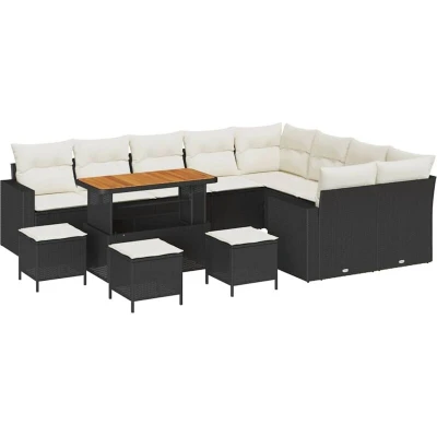 Image of vidaXL 13 Piece Garden Sofa Set with Cushions Black Poly Rattan Acacia