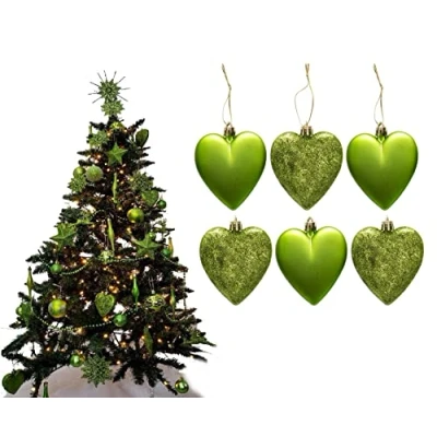 Image of 6pc Large Glitter &amp; Matte Heart Baubles Great Christmas Tree Decorations, (Lime)