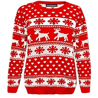 Image of Hamishkane® Kids Christmas Jumpers, Knitted Xmas Snowflake Jumper for Boys, Crew Neck Unisex Sweater Top, Pullover Long Sleeves Reindeer Girls Red