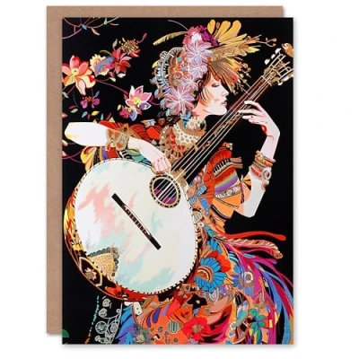 Image of Artery8 Woman Floral Banjo Player Colourful Portrait Greeting Birthday Card Him Her All Blank