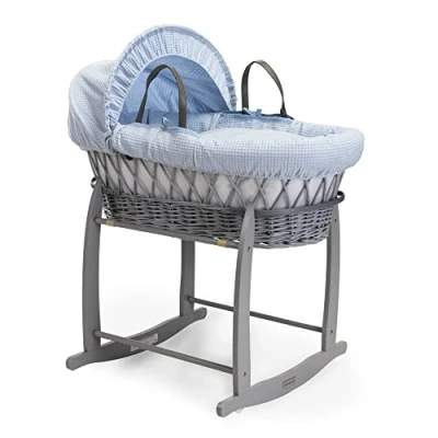 Image of Clair de Lune Waffle Grey Wicker Moses Basket with Deluxe Rocking Stand 68 x 30 cm (Blue)