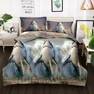 Image of THL 4 Piece Complete Bedding Set 3D Effect Animal Printed Duvet Cover with Fitted Sheet Pillowcase (Shark 318, Double)