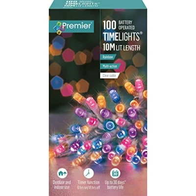 Image of Premier 100 Timelights Battery Operated 10m Clear Cable Multi Action String Lights Rainbow