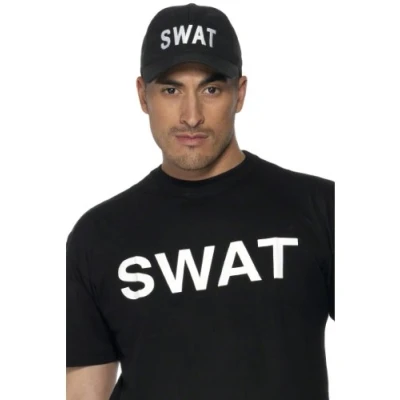 Image of Smiffys SWAT Baseball Cap, Black with Embroidery, Cops &amp; Robbers Fancy Dress, and Dress Up Hats