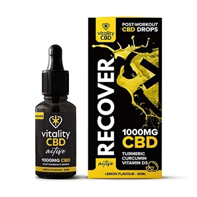 Image of Vitality CBD Active Recover Drops with Turmeric, Curcumin, Vitamin D3, 1000mg of CBD, Lemon Flavour, 30ml, NO THC