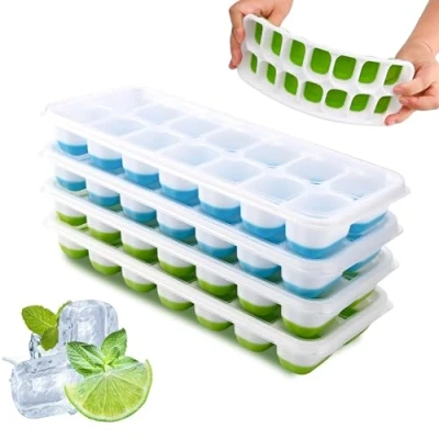 Image of Ice Cube Tray, 4 Pack Silicone Tray with Lid, Easy Release BPA Free Trays for Freezer, Moulds Whiskey, Cocktails, Drinks(Blue+Green)