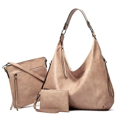 Image of Ashioup Hobo Bags for Women Soft PU Leather Shoulder Bag Vintage Slouchy Handbag with Zipper, Apricot Gray, One Size