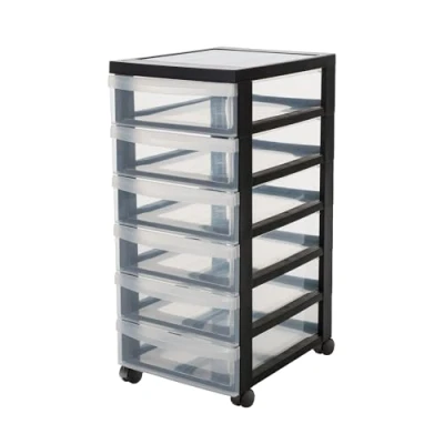 Image of Iris Ohyama, Plastic Drawers Storage Unit, Drawers, A4 Format &amp; 4 Wheels, H61.5cm/6 BPA Free, Black, W40 x D29 H61.5cm, DC 360