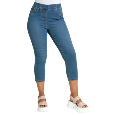 Image of Roman Originals Cropped Jeggings for Women UK Ladies Capri Stretchy Jeans Denim Legging Cotton Summer Trouser Three Quarter 3/4 Length Pull On Cut Off High Waist Smart Petite Blue Size 14