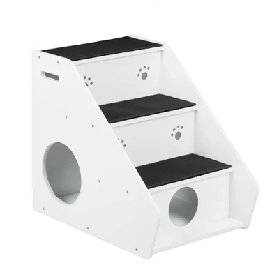 Image of Relaxdays Staircase 3, Dogs &amp; Cats, HWD: 52.5 x 42 60 cm, Pet Step Carpet, Climb on Bed Couch, White/Black, Fibreboard