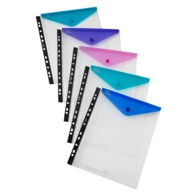 Image of Snopake A4 High Capacity Polyfile RingBinder Popper Wallet, Portrait Clear with Electra Assorted Flap [Pack of 5] Ref: 15695
