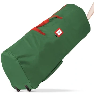 Image of Rolling Tree Storage Bag for 9 Foot Artificial Christmas Holiday Tree. Zippered Bag, Carry Handles and Wheels Easy Transport. Protects Against Dust, Insects, Moisture. (GREEN)